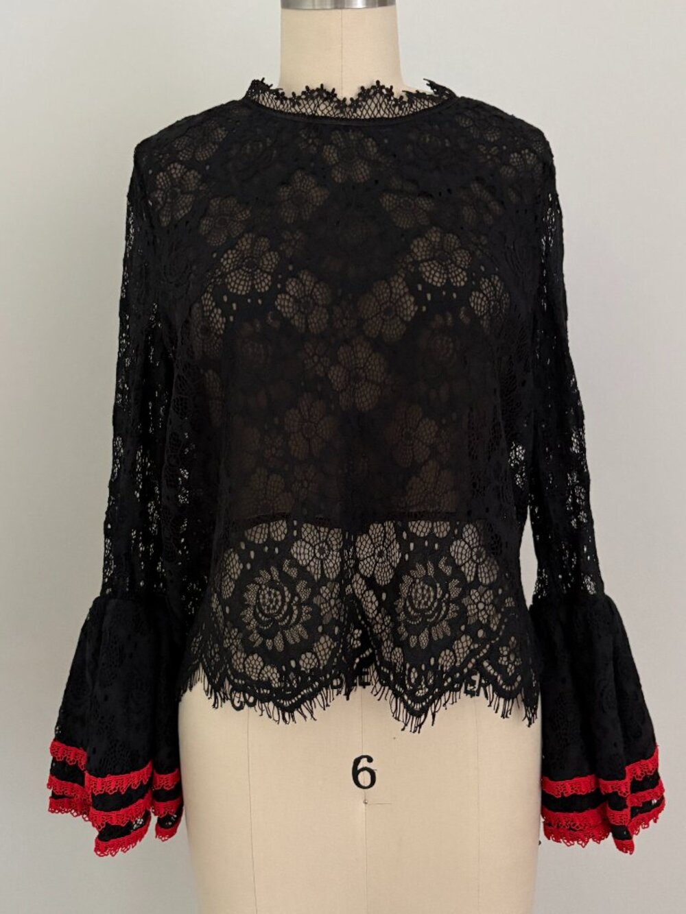 Alpha & Omega Black Lace Bell Sleeve Blouse Top Red Ruffle Trim Whimsigoth L